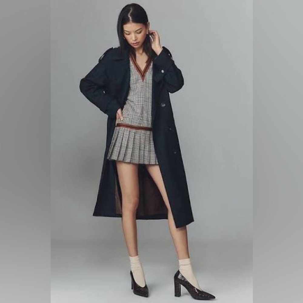 NWT AVEC LES FILLES Women's Double Breasted Slouchy Plaid Trench Coat